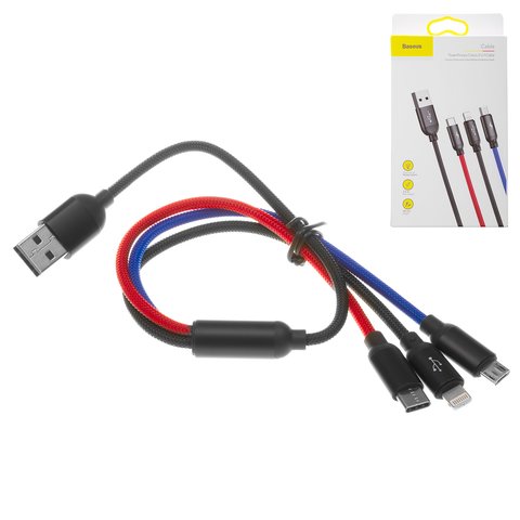 USB кабель Baseus Three Primary Colors, USB тип C, USB тип A, micro USB тип B, Lightning, 30 см, 3,5 А, чорний, #CAMLT ASY01