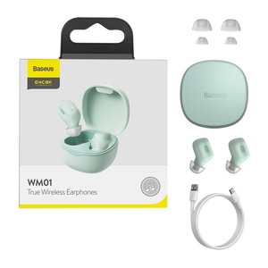 Гарнітура Baseus WM01, вакуумна, бездротова, зелена, із зарядним кейсом, з USB кабелем тип C, #NGTW240006 NGWM01 06