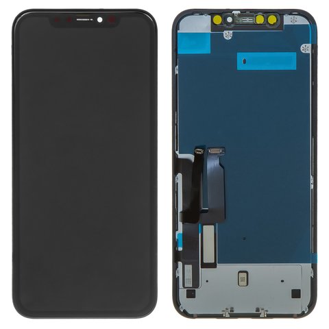 Дисплей для iPhone XR, черный, с рамкой, AAA, Tianma, с пластиками камеры и датчика приближения, с защитным экраном дисплея