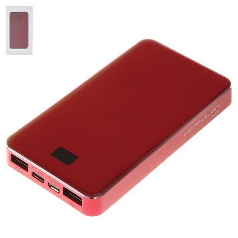 Power bank Konfulon P10, 10000 mAh, USB tipo C entrada 5V 2A, micro USB tipo B entrada 5V 2A, 2 puertos USB 5 V 2.1 A, 131 × 68 × 14 mm, rojo