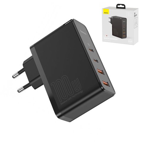 Adaptador de red Baseus GaN2 Pro, 100 W, Quick Charge, negro, con cable USB tipo C USB tipo C, 4 puertos, #CCGAN2P L01