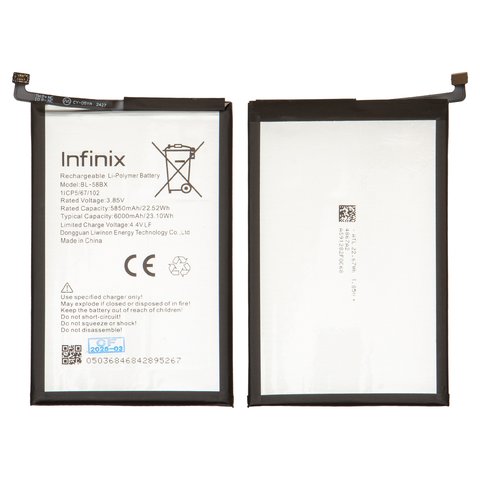 Batería BL 58BX puede usarse con Infinix Hot 11 Play, Hot 12 Play X6817, X6816 , Hot 9 Play X680 , Li Polymer, 3.85 V, 6000 mAh, Original PRC 