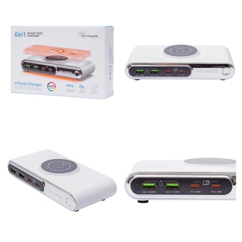 Adaptador de red Kingmax WLX F9A, 72 W, Wireless Charge, Quick Charge, Power Delivery PD , retroiluminado, 4 puertos