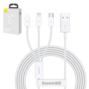 USB кабель Baseus Superior, USB тип C, USB тип A, micro USB тип B, Lightning, 150 см, 3,5 А, білий, силіконовий, 3 в 1, #CAMLTYS 02